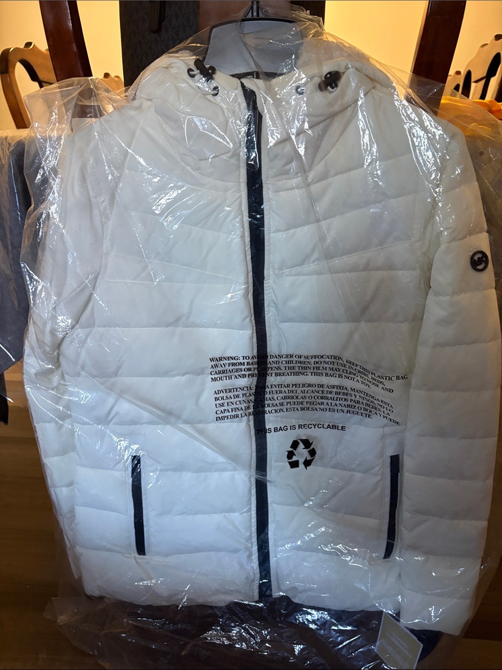 Michaels White Quilted Hooded Puffer Jacket with Black Trim Accents